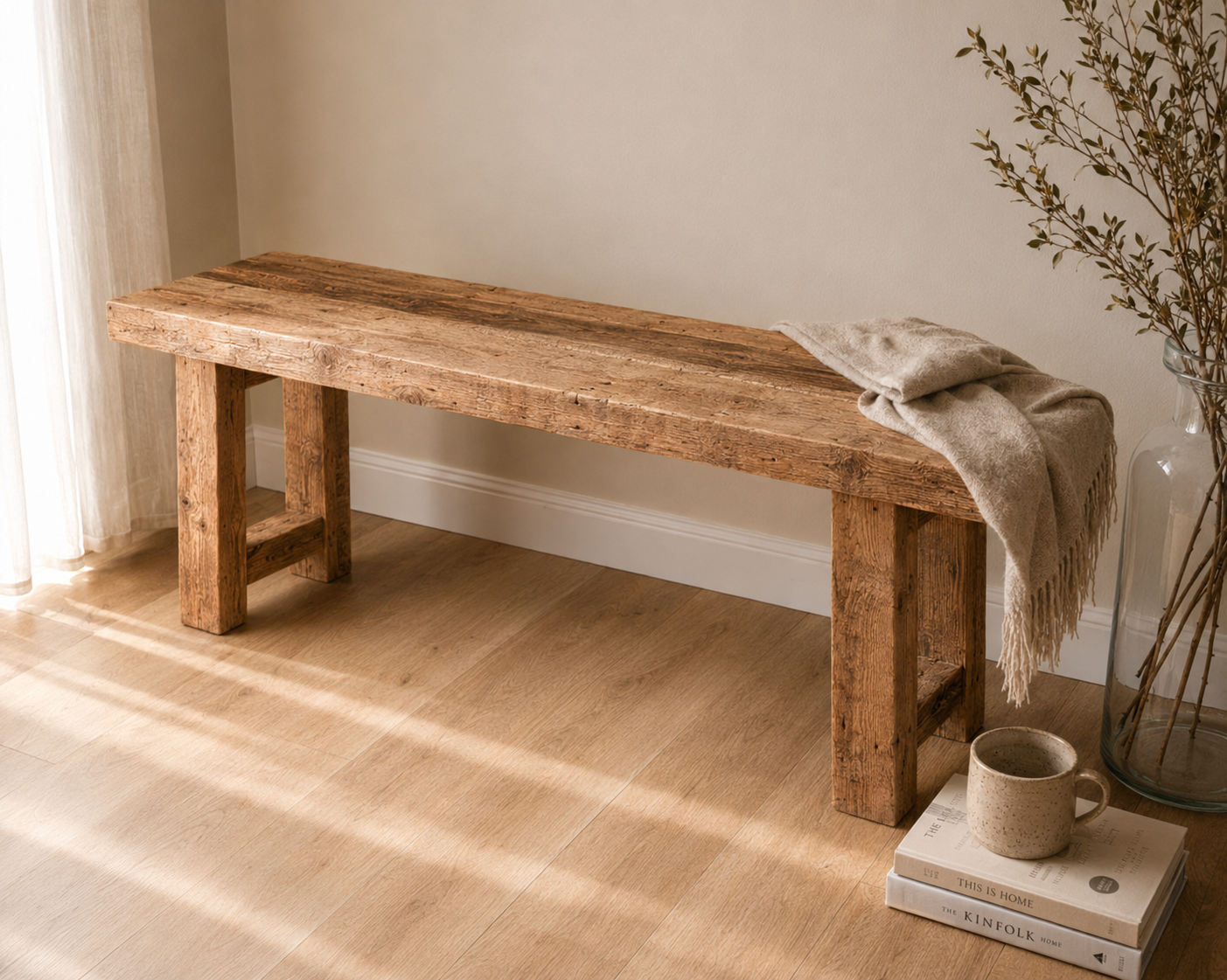 Rustykalna ławka z litego drewna | ręcznie wykonana ławka handmade do wnętrz farmhouse